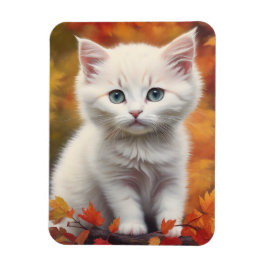 Magnet Flexible Blanc Kitten Automne Feuilles Portrait