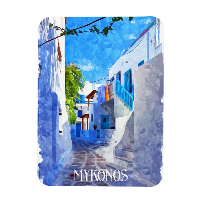 Magnet Flexible Bleu blanc élégant Mykonos Grèce Aquarelle (Vertical)