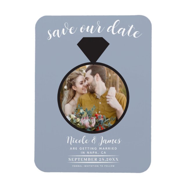 Magnet Flexible Bleu Dusty Mariage Bague photo Enregistrer la date (Vertical)