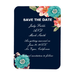 Magnet Flexible Bleu Et Rose Floral Botanique Enregistrer La Date