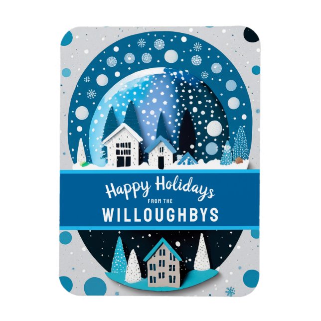 Magnet Flexible Blue and White Winter Wonderland Maisons Snow Glob (Vertical)