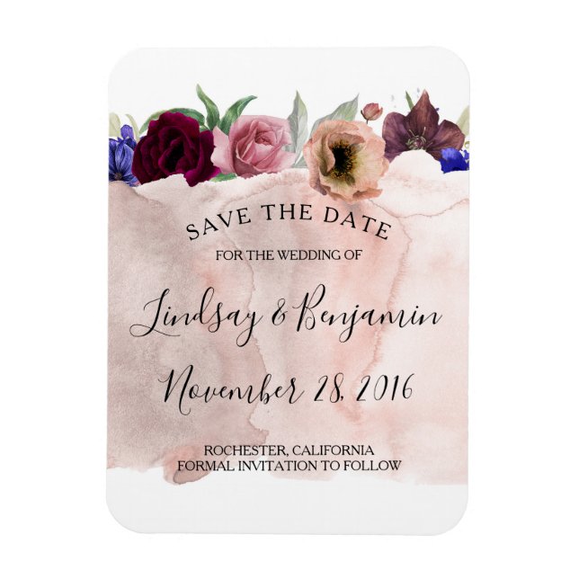 Magnet Flexible Blush Navy et Floral Bourgogne Enregistrer la date (Vertical)