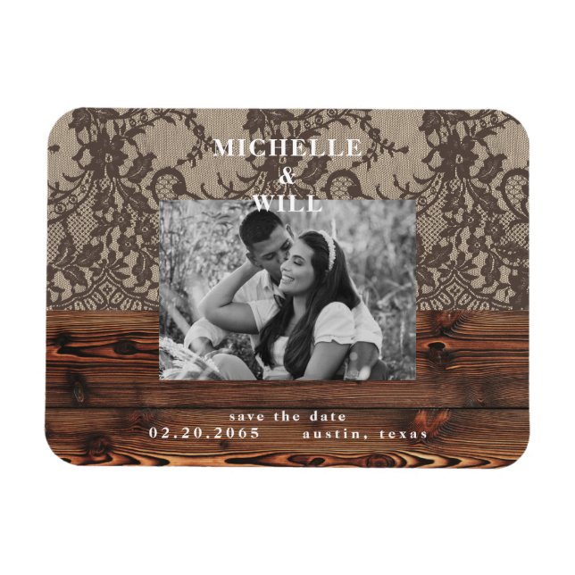 Magnet Flexible Bois rustique et dentelle photo Enregistrer l'aima (Horizontal)