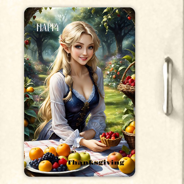 Magnet Flexible Bon thanksgiving Fairy Tale (Flexible Thanksgiving magnet featuring a beautiful fairy in an enchanted garden with a fruit harvest)