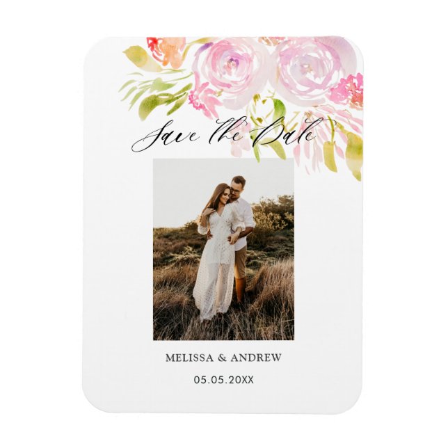 Magnet Flexible Bouquet Rose Aquarelle Enregistrer La Date (Vertical)