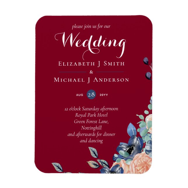 Magnet Flexible Budget Burgundy Blue Peach Floral Mariage (Vertical)