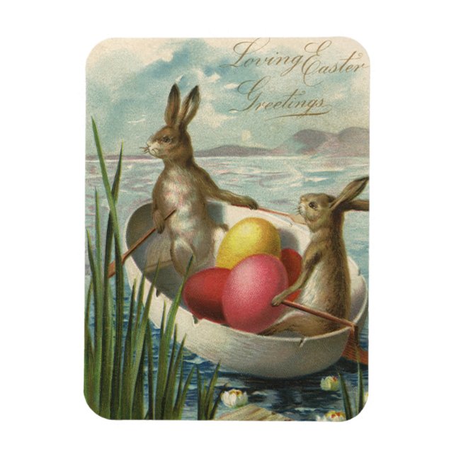 Magnet Flexible Bunnies vintages en Bateau, Aimer les voeux de Pâq (Vertical)