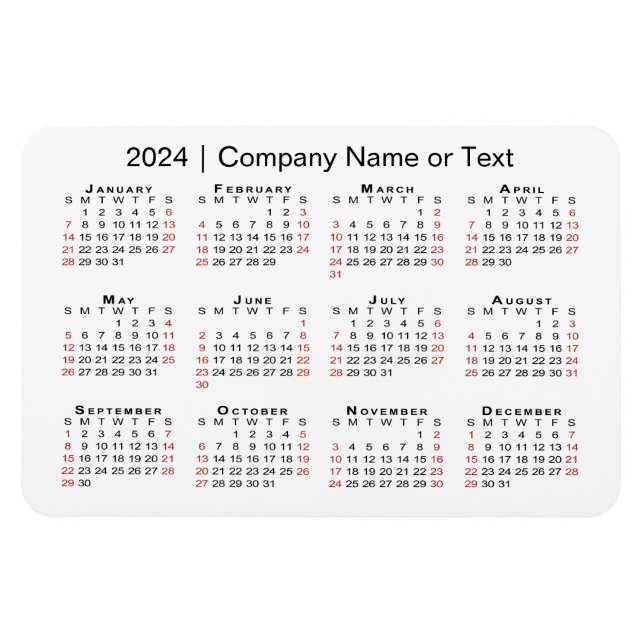Magnet Flexible Calendrier 2024 avec texte personnalisé noir rouge (Horizontal)