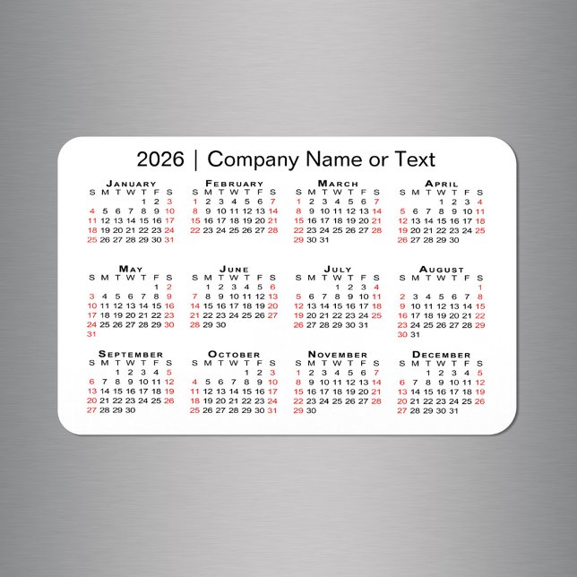 Magnet Flexible Calendrier 2026 avec texte personnalisé noir rouge (2026 Calendar with Custom Text Black Red White Magnet in situ)