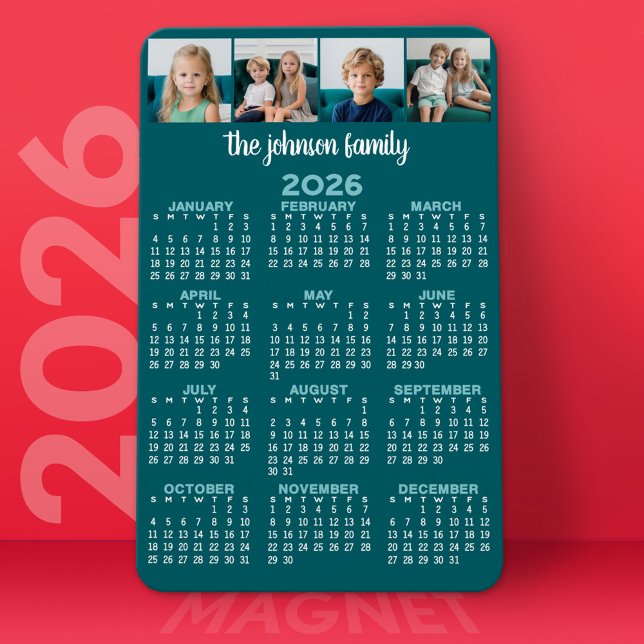 Magnet Flexible Calendrier complet avec 4 photos (2026 Calendar Magnet)