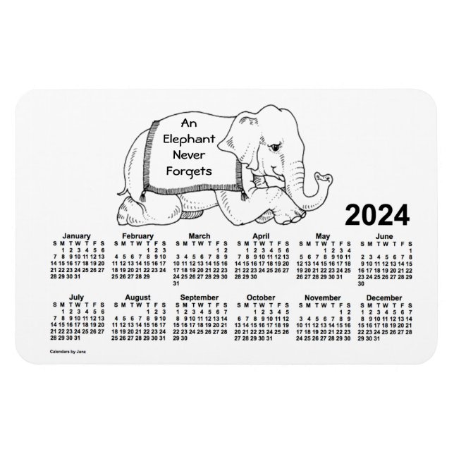Magnet Flexible Calendrier des éléphants blancs 2024 par Janz 4x6  (Horizontal)