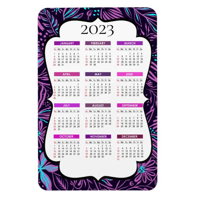 Magnet Flexible Calendrier des Feuilles tropicaux pourpres et bleu (Vertical)