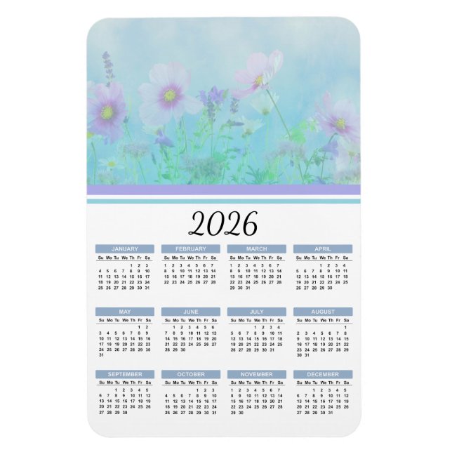 Magnet Flexible Calendrier floral Aquarelle bleu doux 2026 (Vertical)