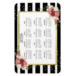 Magnet Flexible Calendrier Floral Or Blanc Noir 2026
