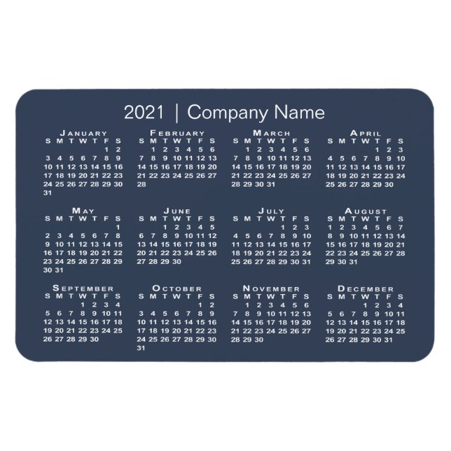 Magnet Flexible Calendrier Marine et White 2021 avec nom de sociét (Horizontal)