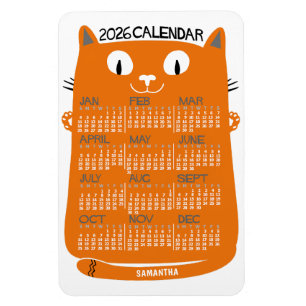 Magnet Flexible Calendrier Mensuel 2026 Année Chat Orange Milieu d