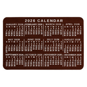 Magnet Flexible Calendrier mensuel 2026 Grain de bois marron Simpl