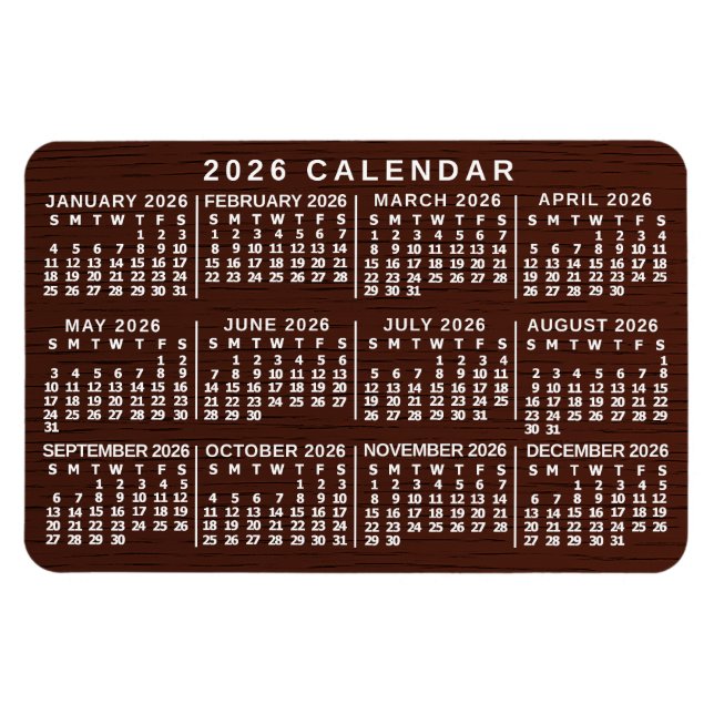 Magnet Flexible Calendrier mensuel 2026 Grain de bois marron Simpl (Horizontal)