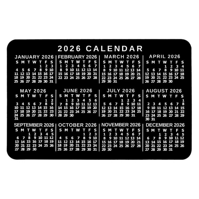 Magnet Flexible Calendrier mensuel 2026 noir et blanc classique (Horizontal)