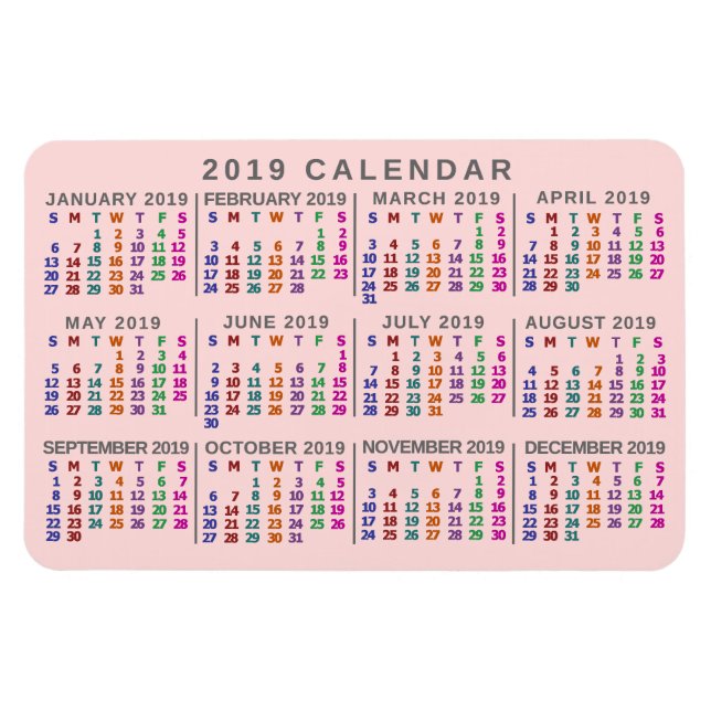 Magnet Flexible Calendrier mensuel de 2019 rose pâle (Horizontal)