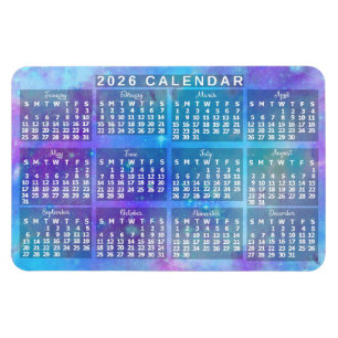 Magnet Flexible Calendrier mensuel de l'année 2026 Bleu Aquarelle