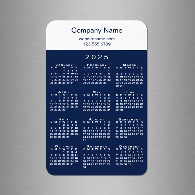 Magnet Flexible Calendrier moderne 2025 Nom de l'entreprise Info M (Modern 2025 Calendar Company Name Info Navy White Magnet in situ)