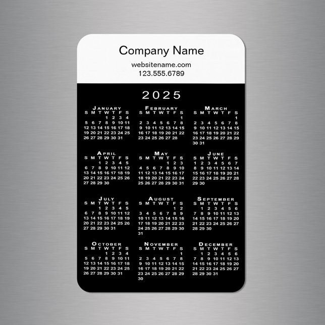 Magnet Flexible Calendrier moderne 2025 Nom de l'entreprise Info N (Modern 2025 Calendar Company Name Info Black White Magnet in situ)