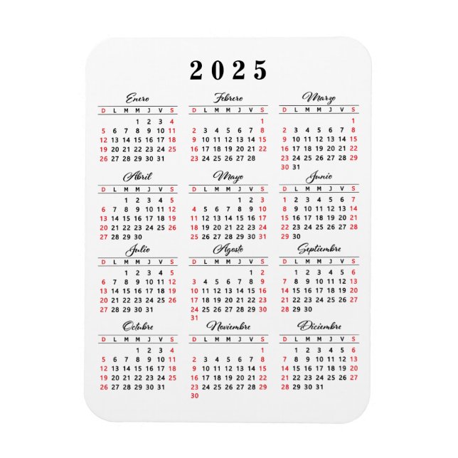 Magnet Flexible Calendrier simple 2025 en espagnol blanc noir roug (Vertical)