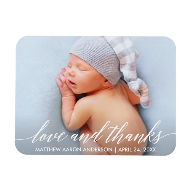 Magnet Flexible Calligraphie moderne Amour et Merci Baby Photo (Horizontal)