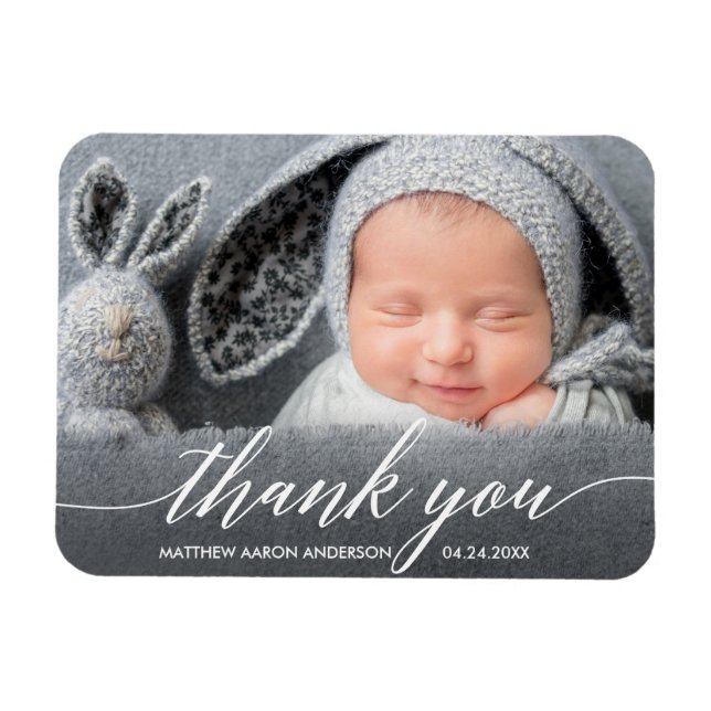 Magnet Flexible Calligraphie moderne Nouveau Merci photo bébé (Horizontal)