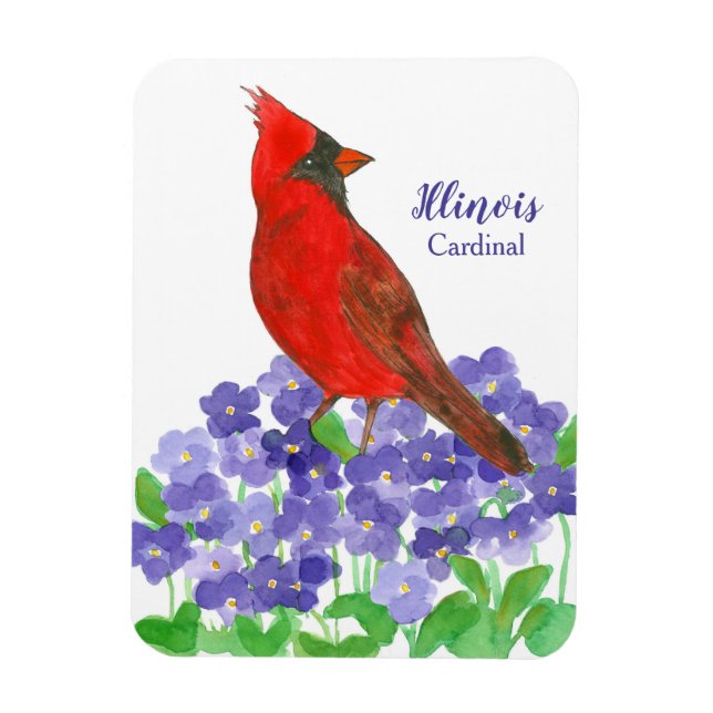 Magnet Flexible Cardinal Bird Violet Fleurs d'Aquarelle (Vertical)