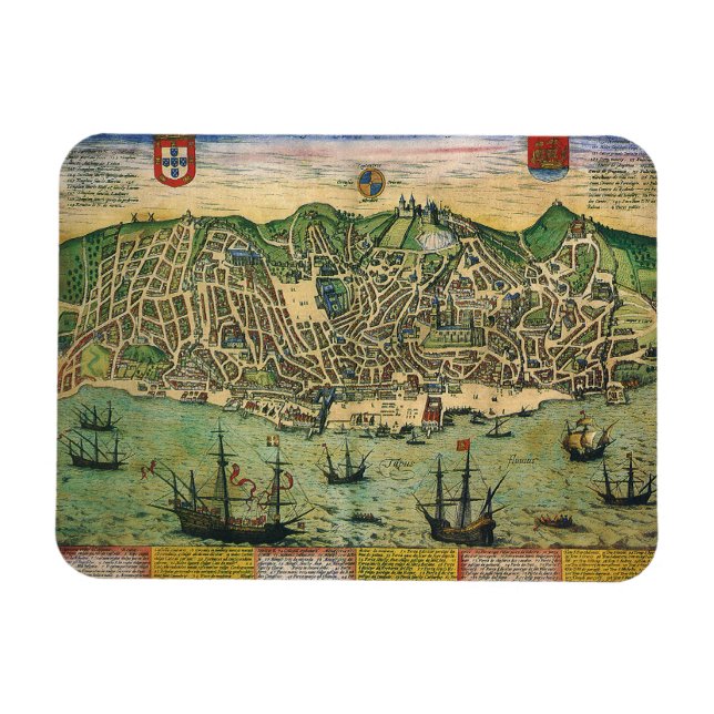 Magnet Flexible Carte antique de Lisbonne, Portugal par Braun/Hoge (Horizontal)
