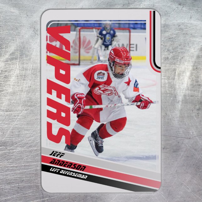 Magnet Flexible Carte de commerce de hockey sur glace (Ice Hockey Trading Card Magnet: Stylish red design on grey with black stripes. Perfect for kids!)