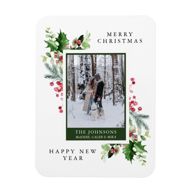 Magnet Flexible Carte de Noël photo Pine Holly Berries (Vertical)