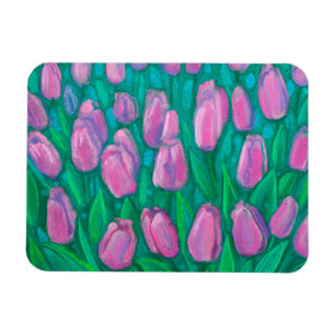 Magnet Flexible Champ de tulipes roses, Fleurs de printemps peintu