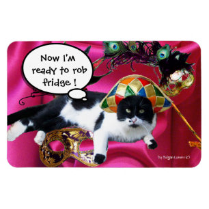 MAGNET FLEXIBLE CHAT AVEC CASQUETTE HARLEQUIN ET MASQUERADE DE FÊT