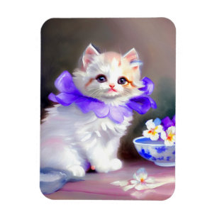 Magnet Flexible Chat blanc avec collier de fleurs violettes