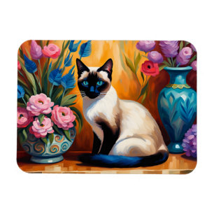 Magnet Flexible Chat et bouquets siamois dans Vases aquarelle