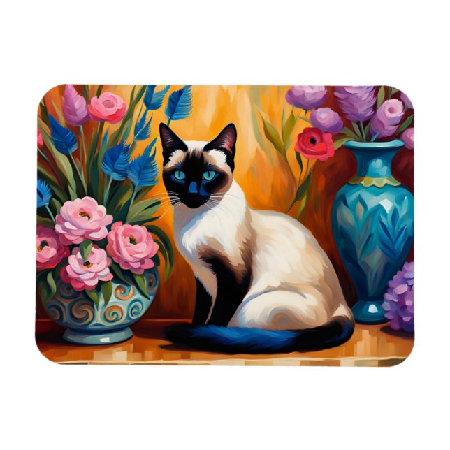 Magnet Flexible Chat et bouquets siamois dans Vases aquarelle (Horizontal)