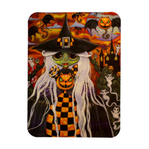Magnet Flexible Chat-fille Halloween Vert Citrouilles, Fantômes