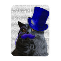Chat gris avec chapeau bleu et moustache bleue