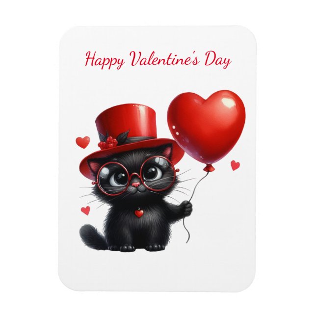 Magnet Flexible Chat noir drôle avec ballons Saint-Valentin (Vertical)