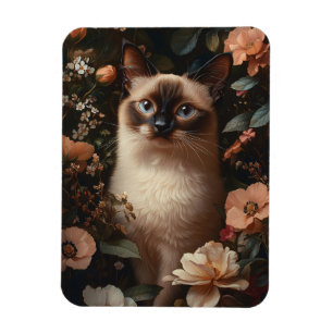 Magnet Flexible Chat Siamois Entouré De Fleurs Roses Flexibles