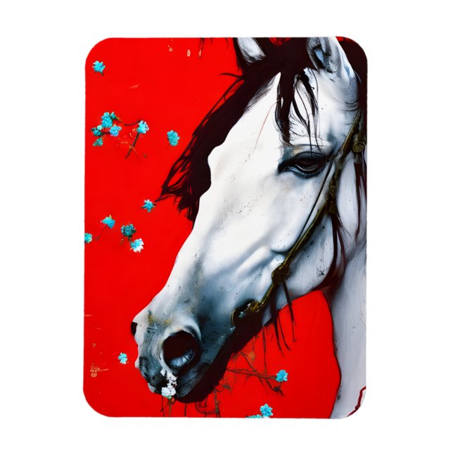 Magnet Flexible Cheval Rouge Arrière - plan Fleurs Bleues (Vertical)