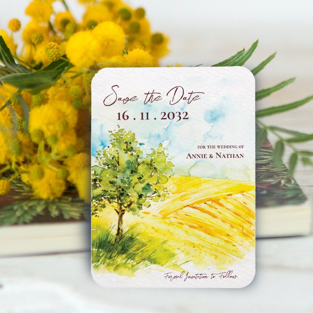 Magnet Flexible Chic Bright Jaune Mariage paysager (Chic Bright Yellow Farmland Landscape Wedding Invitation Magnet)