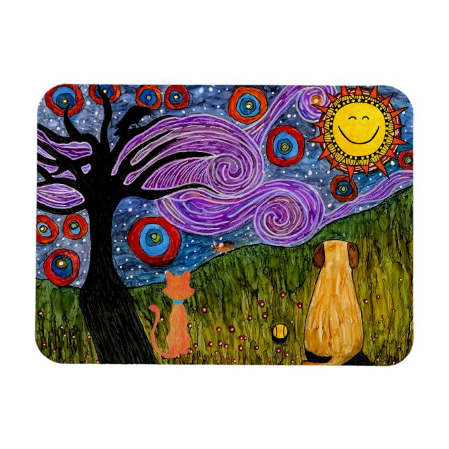 Magnet Flexible Chien et chat Whimsical Starry Night Mouse Pad (Horizontal)