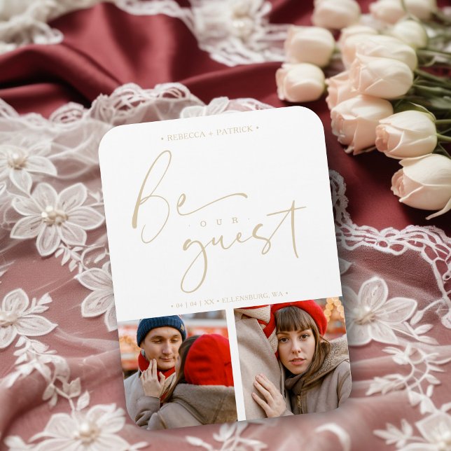 Magnet Flexible Collage Deux Photos Soyez Notre Invité Romantique  (Collage Two Photos Be Our Guest Romantic Wedding Save the Dates Magnets Cards.)