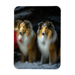 Magnet Flexible Collie Rough Neigeux Traîneau Noël Décoration