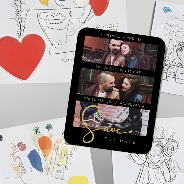 Magnet Flexible Cool Black Golden Romantic Wedding 3 Multi Photos (Cool Black Golden Romantic Wedding 3 Multi Photos Save de Date Wedding Magnet)