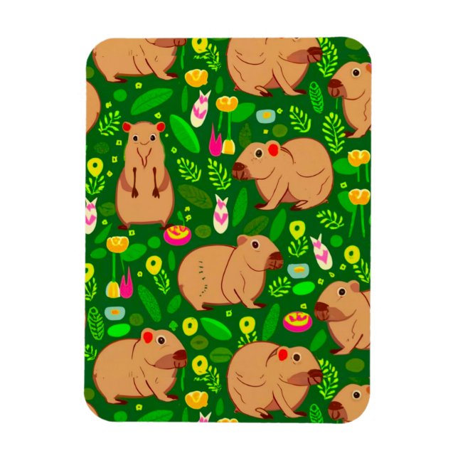 Magnet Flexible Croquis Capybara avec fleurs de printemps sur vert (Vertical)